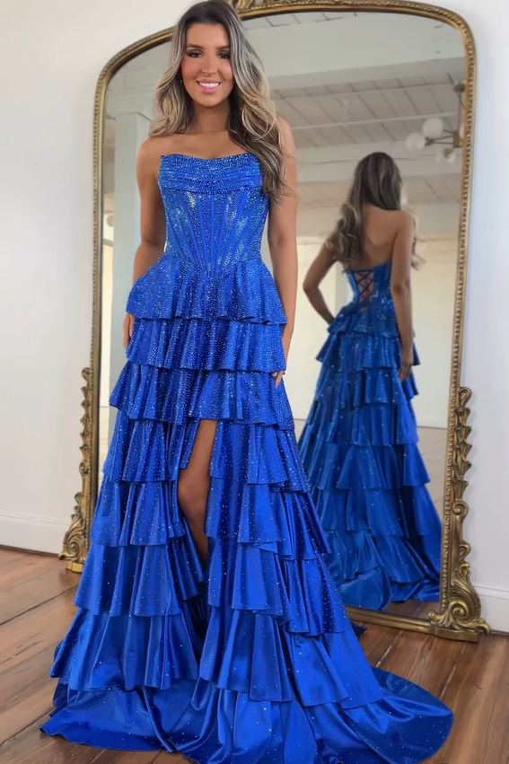 Charming Long Royal Blue A-line Strapless Glitter Prom Dress with Slit