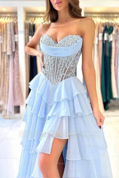 Charming Long Sky Blue Strapless Split Front Prom Dress with Lace