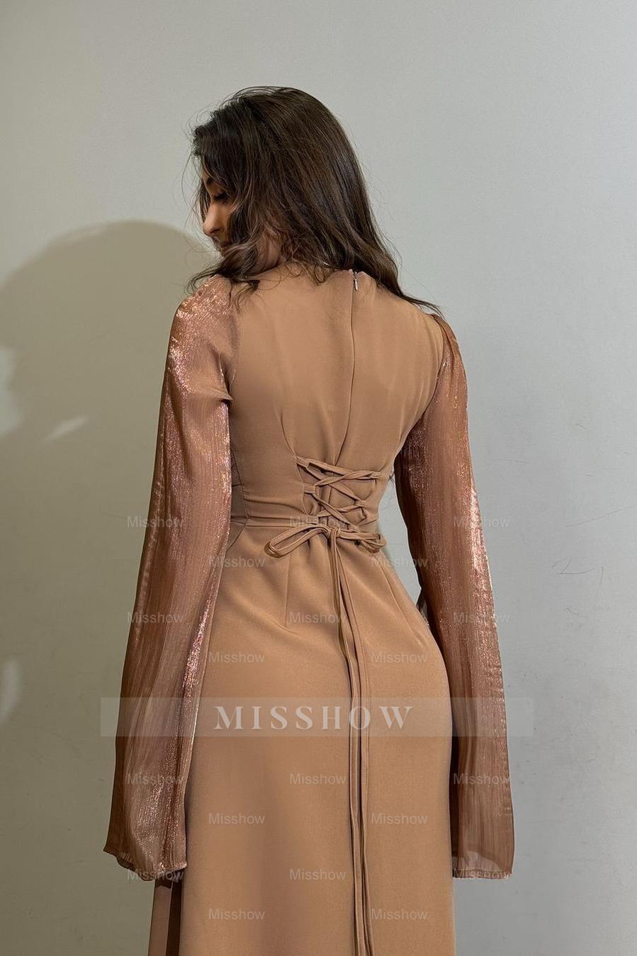Charming Long Sleeves Jewel High Waist Long Formal Dress With Ruffles