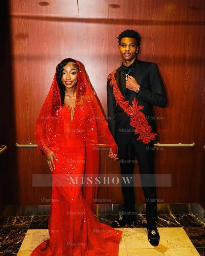 Charming Long Sweetheart Red Mermaid Sequined Prom Dress with Veil