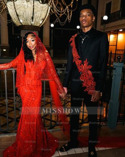 Charming Long Sweetheart Red Mermaid Sequined Prom Dress with Veil