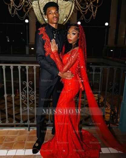 Charming Long Sweetheart Red Mermaid Sequined Prom Dress with Veil