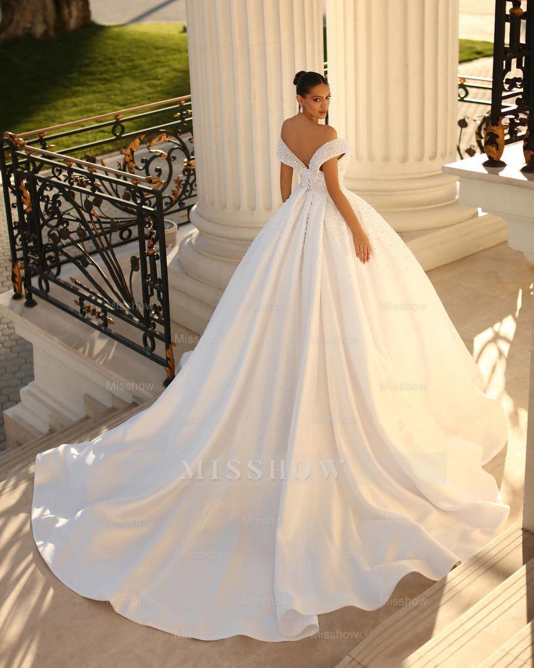 Charming Long White Off-the-shoulder A-line Sequined Wedding Dress With Pearls