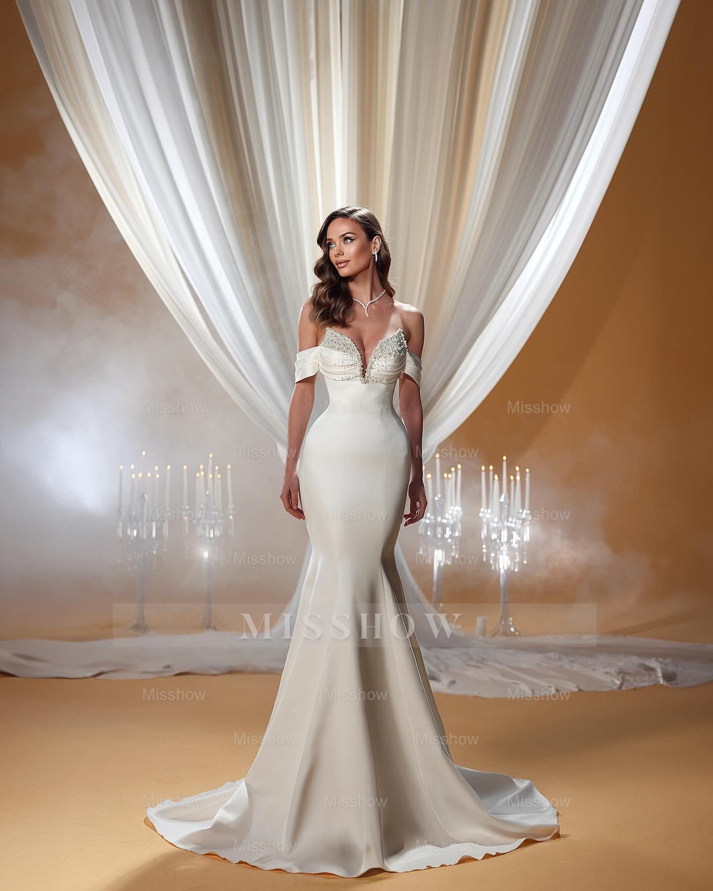 Charming Mermaid Off-the-shoulder Sleeveless Ruffles Satin Wedding Dresses