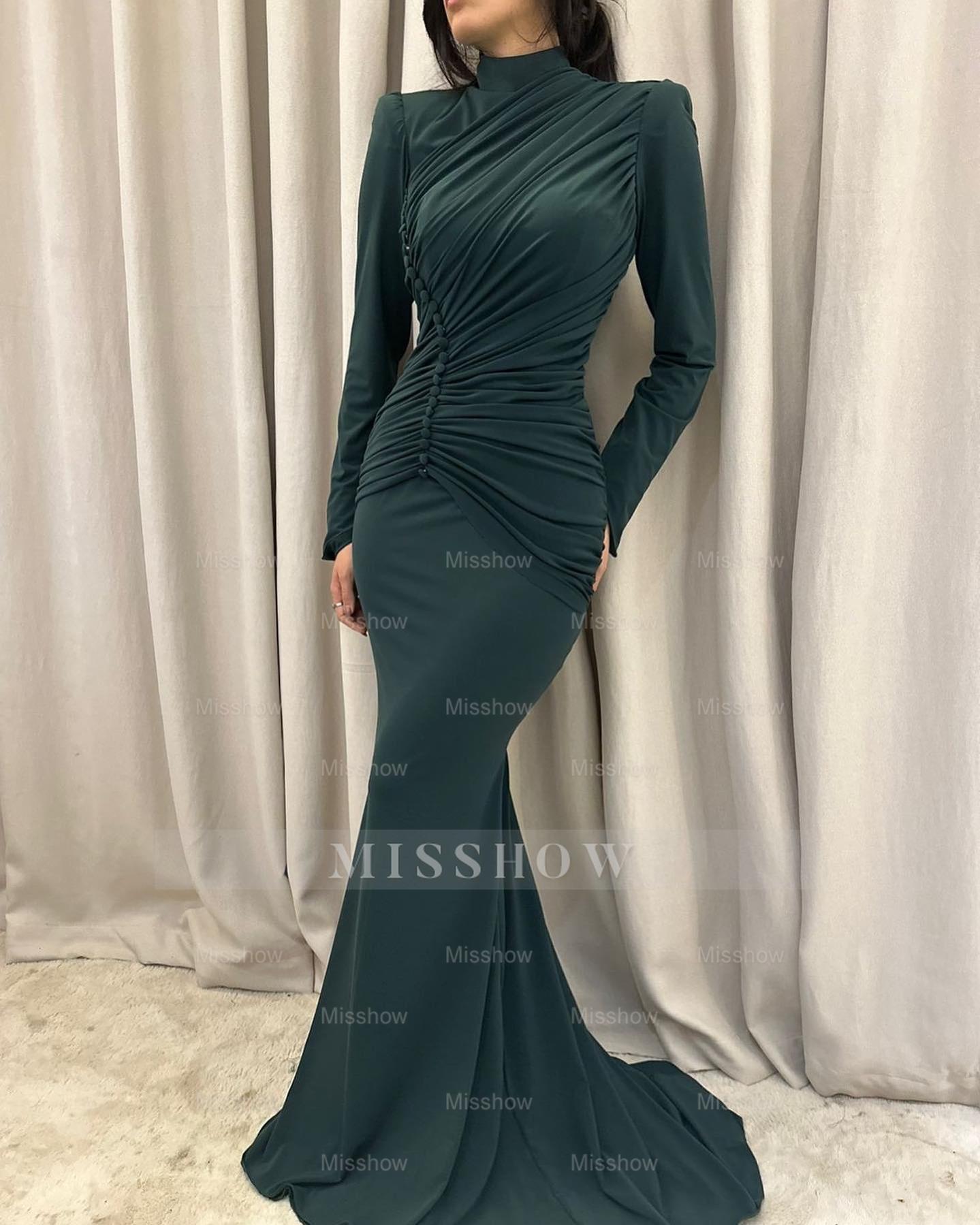 Charming Mermaid Satin High Neck Long Sleeve Prom Dresses With Ruffles Buttons