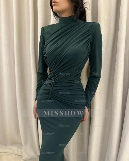 Charming Mermaid Satin High Neck Long Sleeve Prom Dresses With Ruffles Buttons
