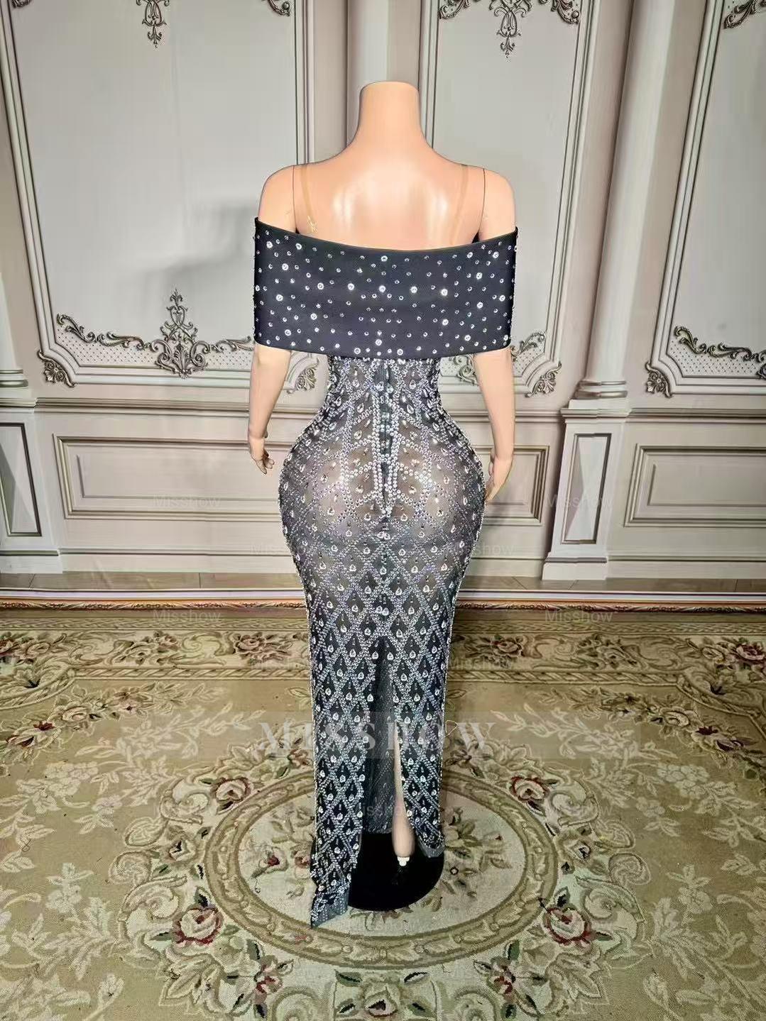 Charming Mermaid Spaghetti Strap Off-The-Shoulder Column Beaded Sleeveless Long Slit Tulle Prom Dresses With Rhinestones