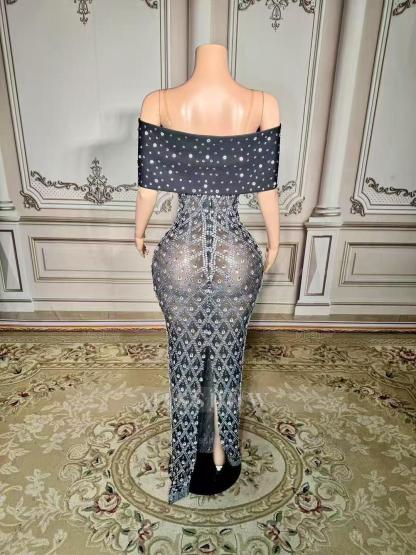 Charming Mermaid Spaghetti Strap Off-The-Shoulder Column Beaded Sleeveless Long Slit Tulle Prom Dresses With Rhinestones