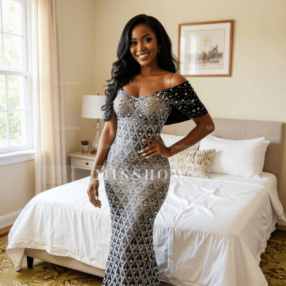 Charming Mermaid Spaghetti Strap Off-The-Shoulder Column Beaded Sleeveless Long Slit Tulle Prom Dresses With Rhinestones