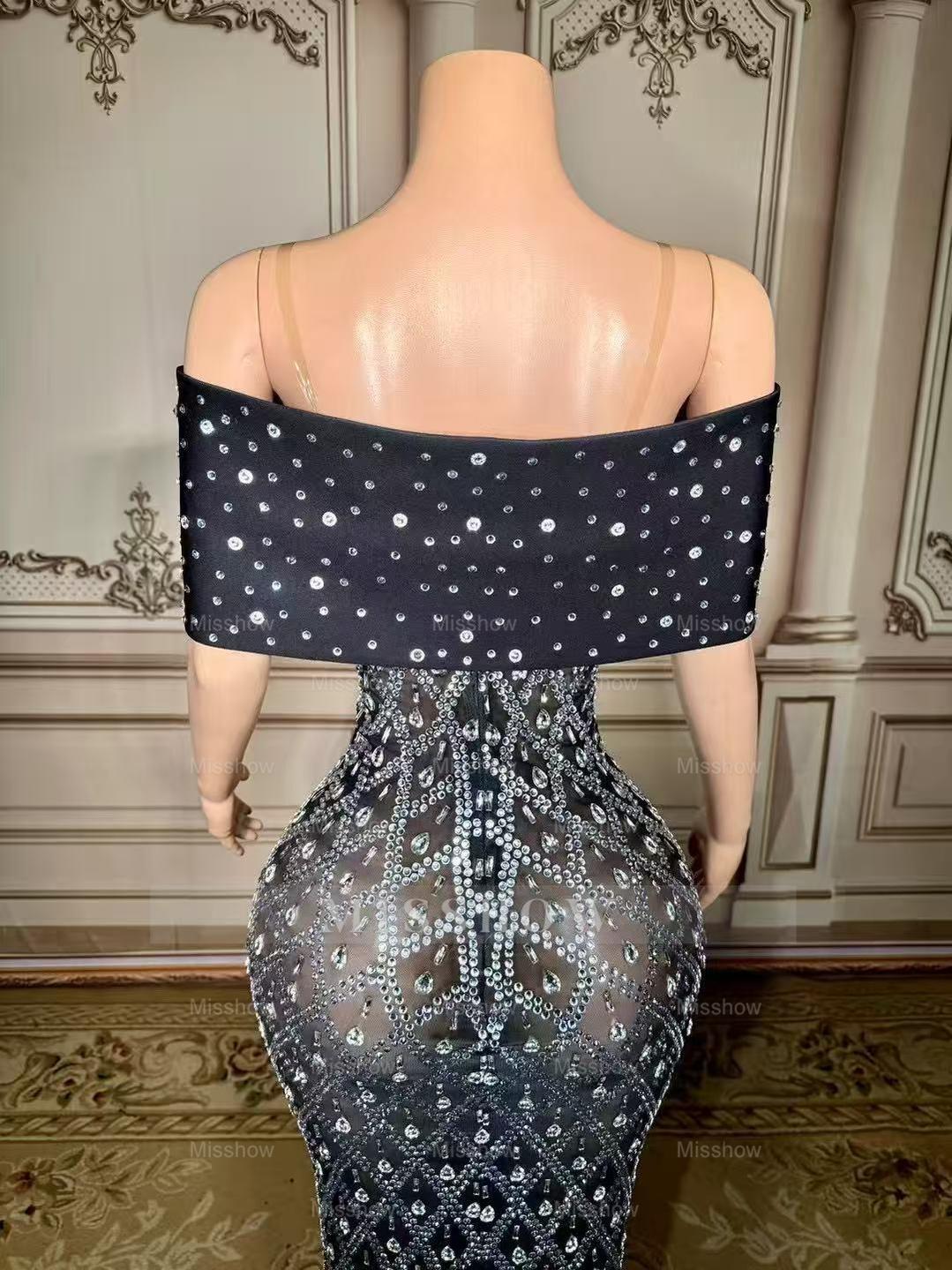 Charming Mermaid Spaghetti Strap Off-The-Shoulder Column Beaded Sleeveless Long Slit Tulle Prom Dresses With Rhinestones