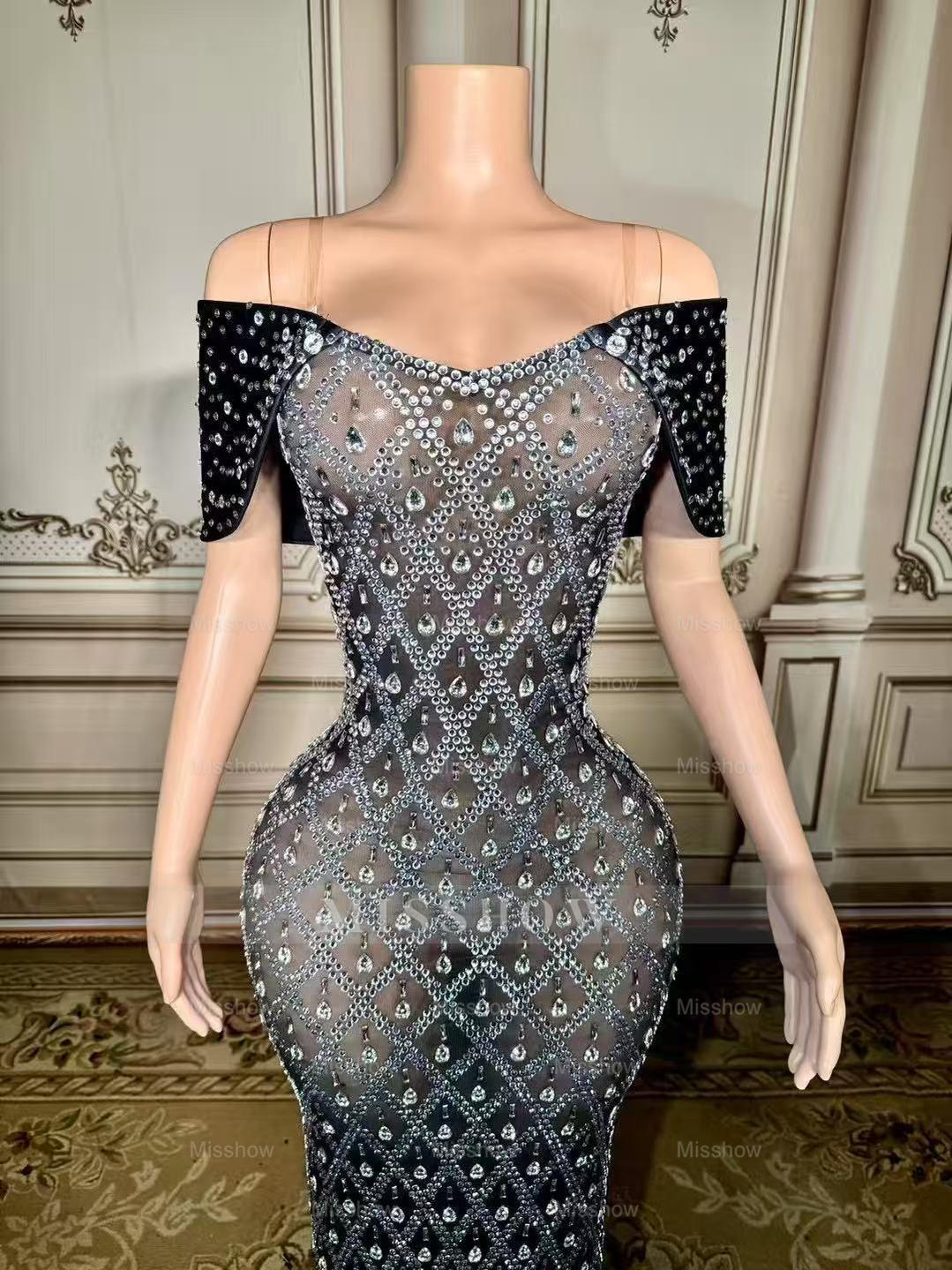 Charming Mermaid Spaghetti Strap Off-The-Shoulder Column Beaded Sleeveless Long Slit Tulle Prom Dresses With Rhinestones