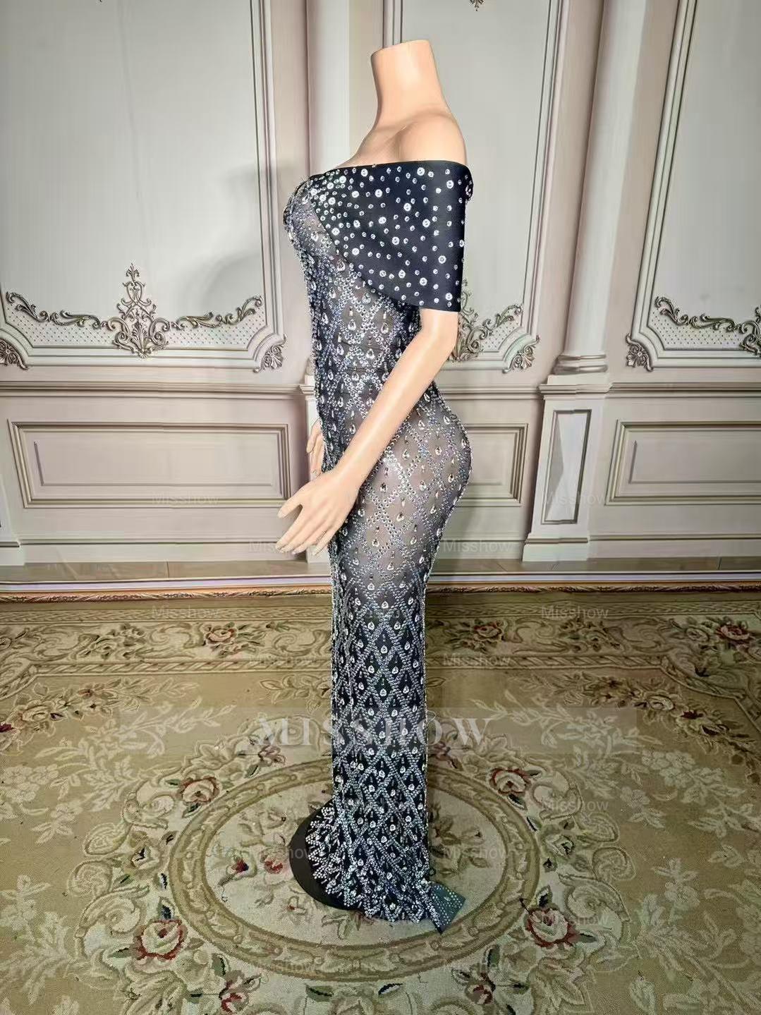 Charming Mermaid Spaghetti Strap Off-The-Shoulder Column Beaded Sleeveless Long Slit Tulle Prom Dresses With Rhinestones