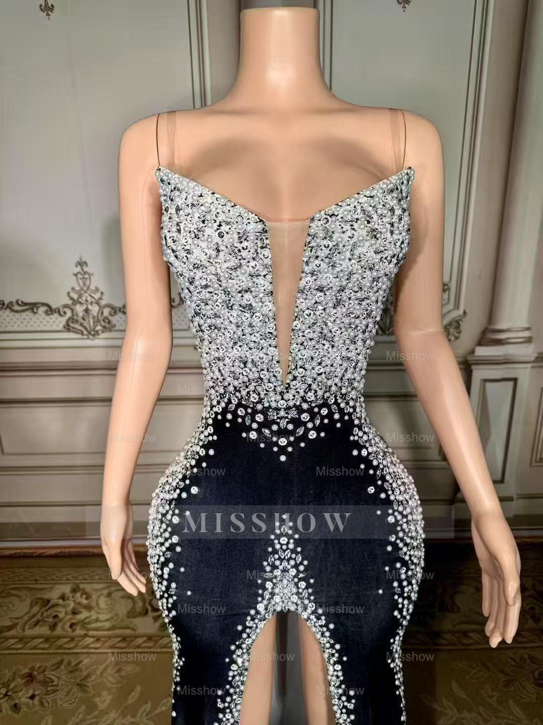 Charming Mermaid V-Neck Spaghetti Strap Beaded Sleeveless Front Slit Long Velour Prom Dresses With Pearls