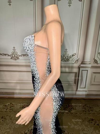 Charming Mermaid V-Neck Spaghetti Strap Beaded Sleeveless Front Slit Long Velour Prom Dresses With Pearls