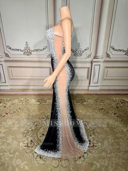 Charming Mermaid V-Neck Spaghetti Strap Beaded Sleeveless Front Slit Long Velour Prom Dresses With Pearls