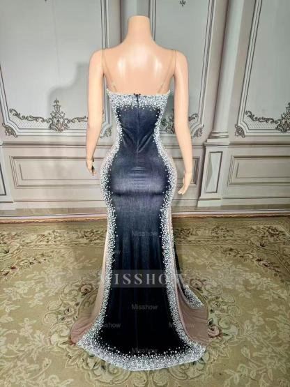 Charming Mermaid V-Neck Spaghetti Strap Beaded Sleeveless Front Slit Long Velour Prom Dresses With Pearls