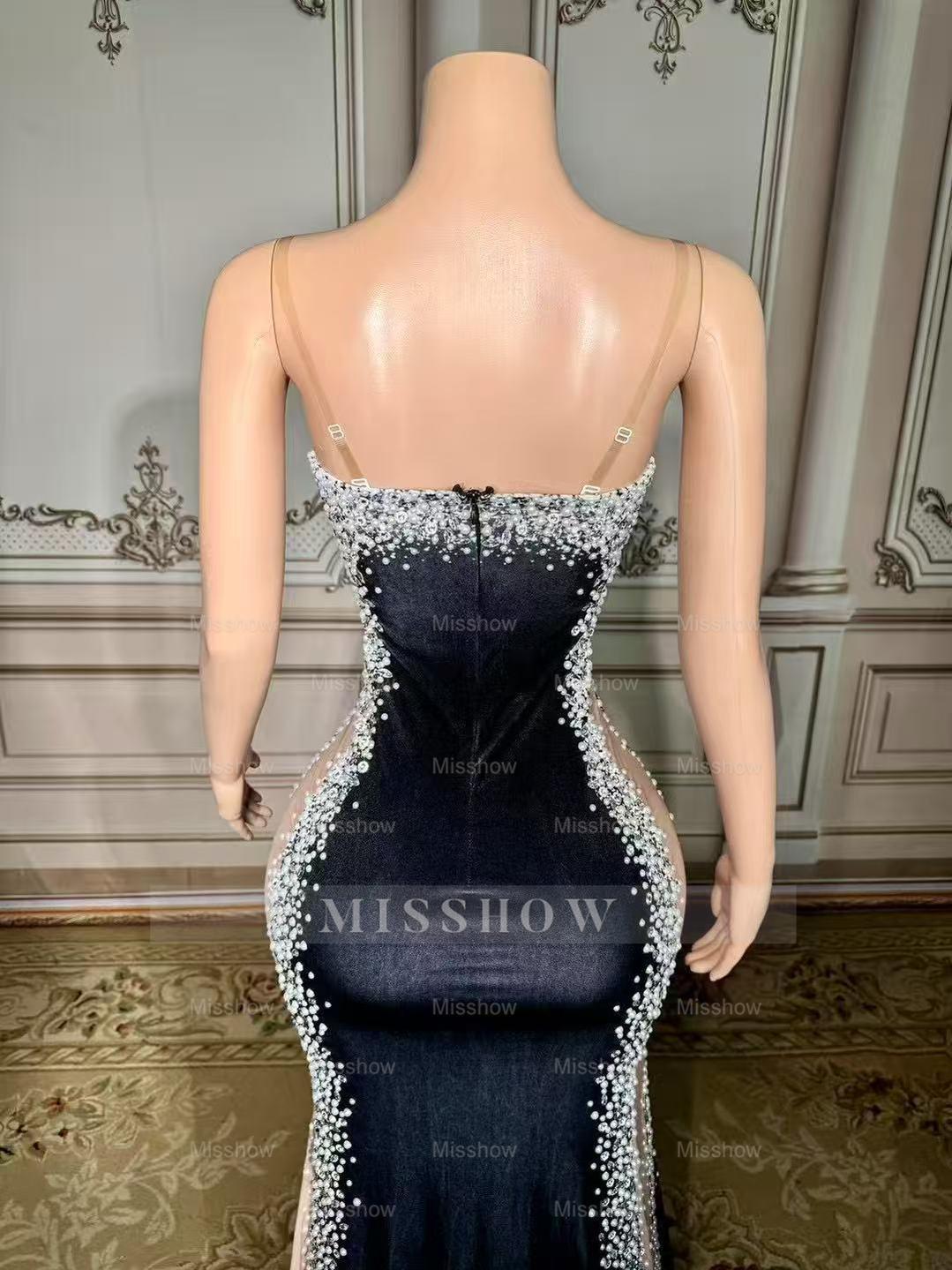 Charming Mermaid V-Neck Spaghetti Strap Beaded Sleeveless Front Slit Long Velour Prom Dresses With Pearls