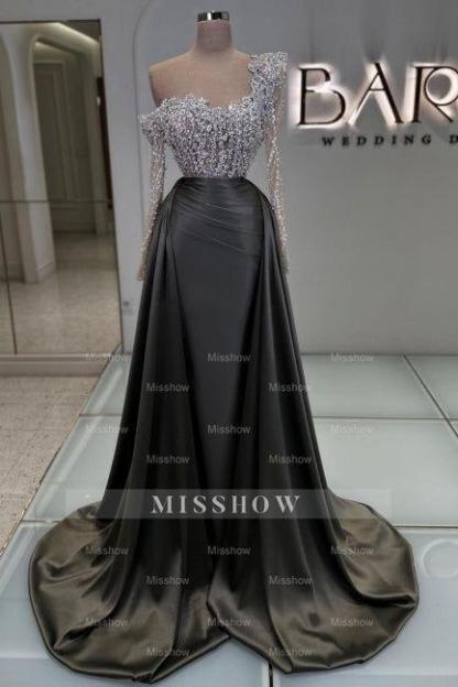 Charming Olive Square A-Line Long Sleeves Beaded Lace Column Panel Train Satin Prom Dresses With Pearls
