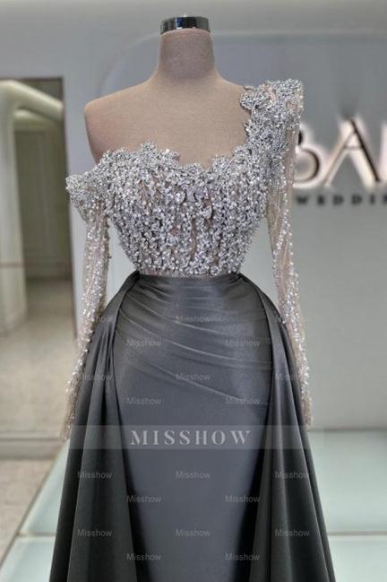 Charming Olive Square A-Line Long Sleeves Beaded Lace Column Panel Train Satin Prom Dresses With Pearls