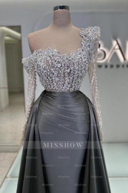 Charming Olive Square A-Line Long Sleeves Beaded Lace Column Panel Train Satin Prom Dresses With Pearls