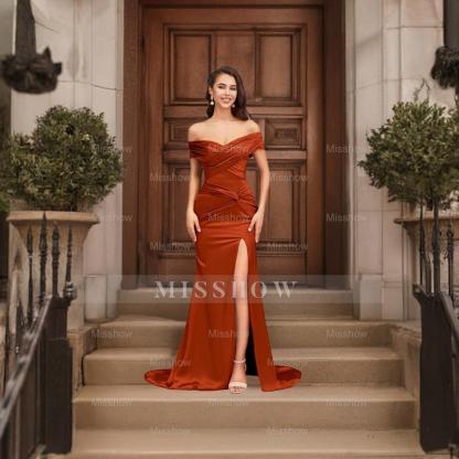 Charming Orange Mermaid Strapless Off-The-Shoulder Sleeveless Ruffles Satin Formal Dress With Slit