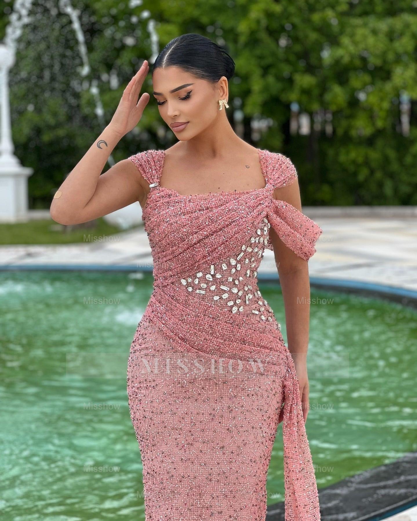 Charming Pink Column Square Sleeveless Beaded Sequined Long Formal Dress With Rhinestones