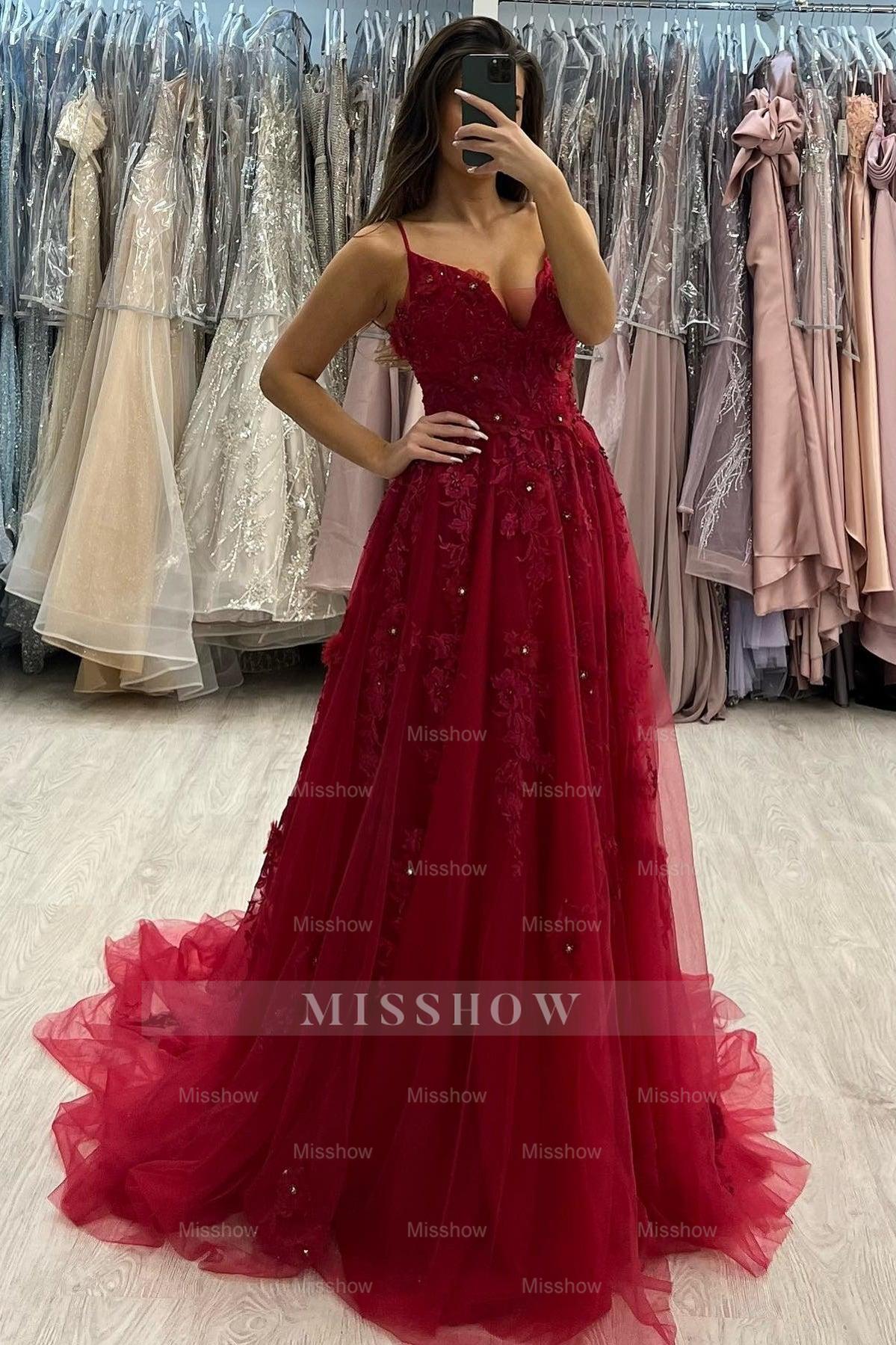 Charming Red A-Line Spaghetti Strap V-Neck Beaded Sleeveless Long Tulle Evening Dresses With Appliques