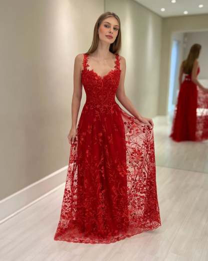 Charming Red A-Line Sweetheart Lace Spaghetti Straps Sleeveless Tulle Floor-Length Mothe of the Bride Dress