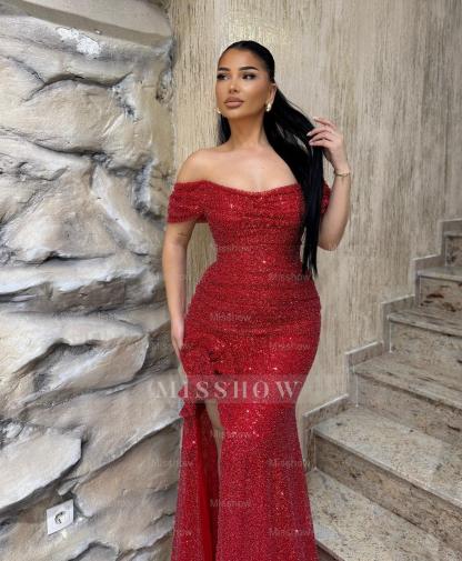 Charming Red Mermaid Off-The-Shoulder Strapless Beaded Floor-Length Formal Dress With Slit