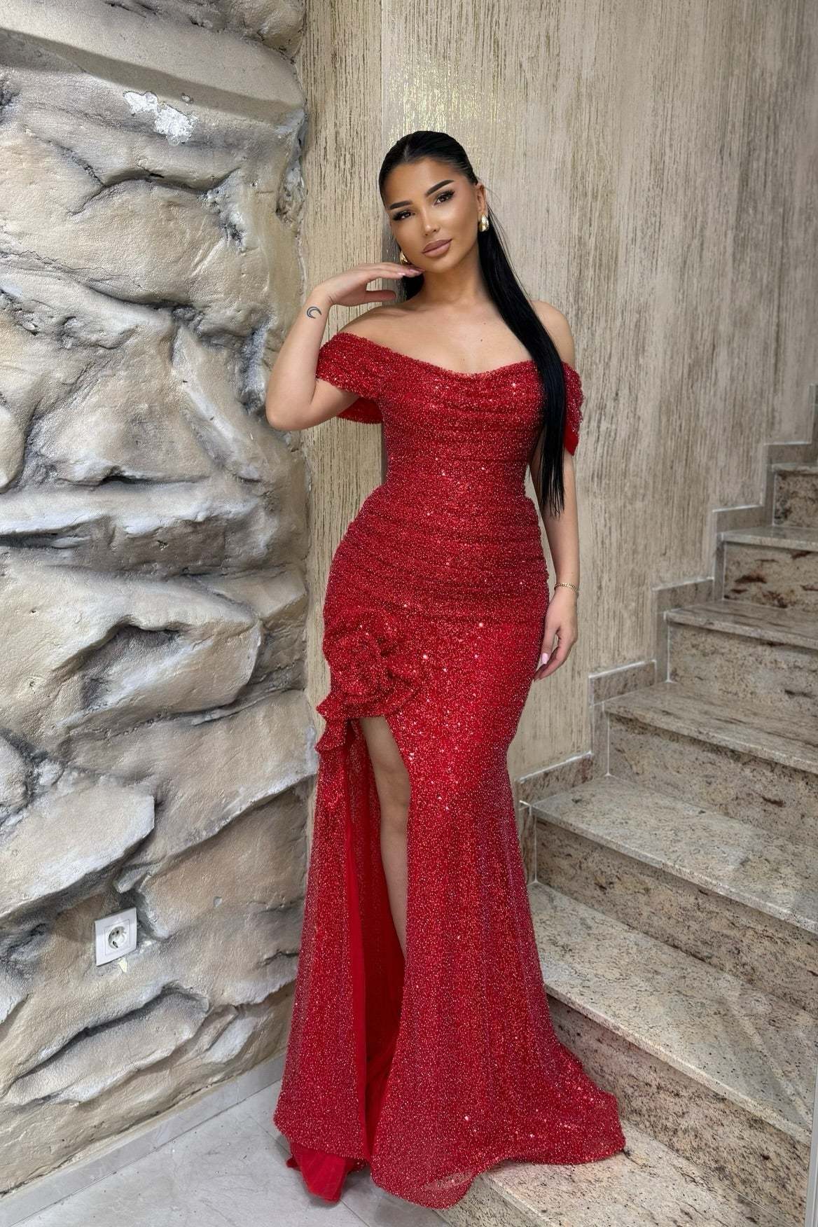 Charming Red Mermaid Off-The-Shoulder Strapless Beaded Floor-Length Formal Dress With Slit
