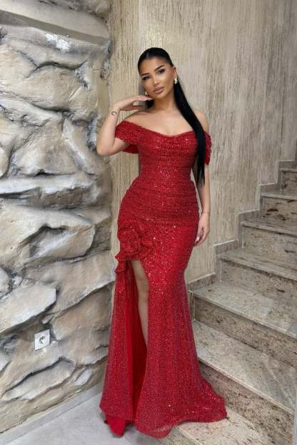 Charming Red Mermaid Off-The-Shoulder Strapless Beaded Floor-Length Formal Dress With Slit