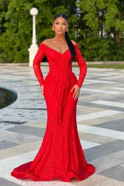 Charming Red Mermaid Off-The-Shoulder Strapless Long Sleeves Lace Long Formal Dress With Ruffles