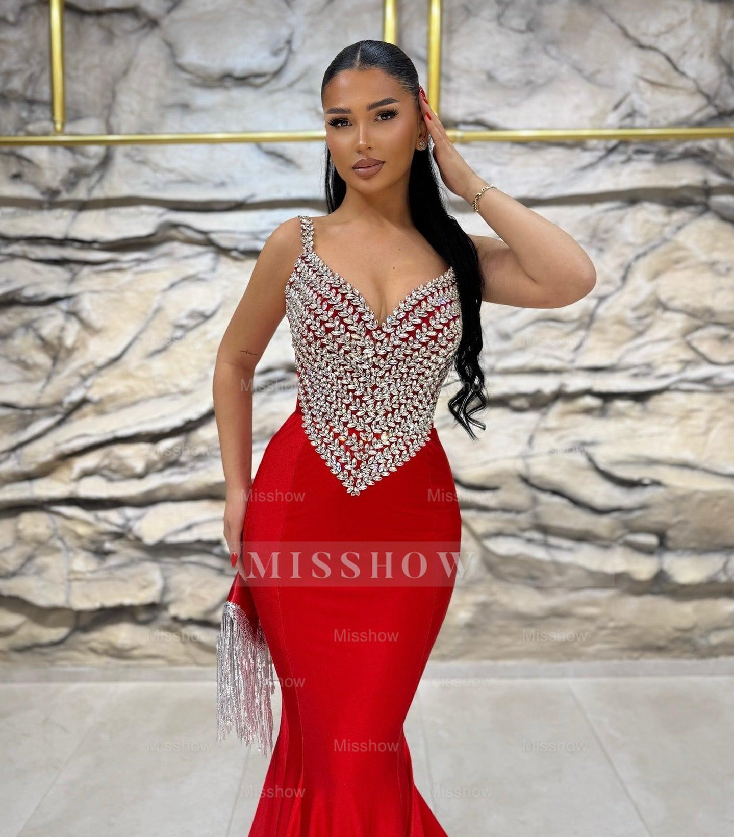 Charming Red Mermaid Spaghetti Straps Sleeveless Beaded Floor-Length Satin Formal Dress With Rhinestones