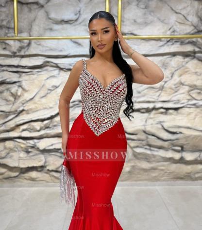 Charming Red Mermaid Spaghetti Straps Sleeveless Beaded Floor-Length Satin Formal Dress With Rhinestones