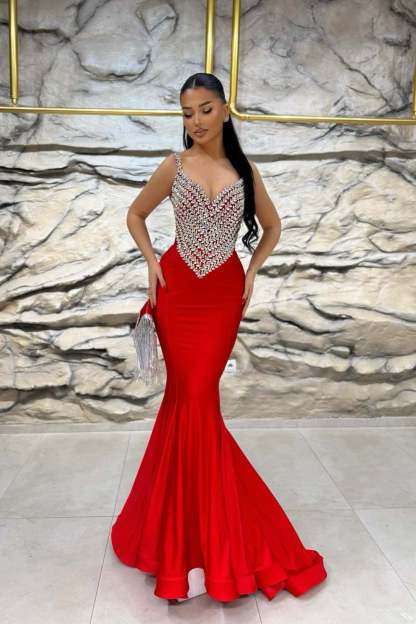 Charming Red Mermaid Spaghetti Straps Sleeveless Beaded Floor-Length Satin Formal Dress With Rhinestones