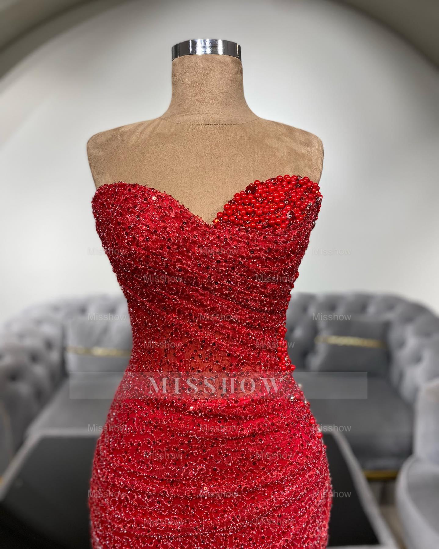 Charming Red Mermaid Sweetheart Sleeveless Sequined Beaded Long Prom Dress With Ruffles