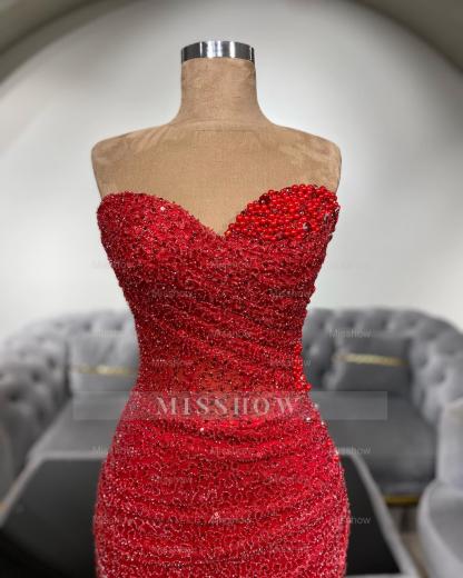 Charming Red Mermaid Sweetheart Sleeveless Sequined Beaded Long Prom Dress With Ruffles