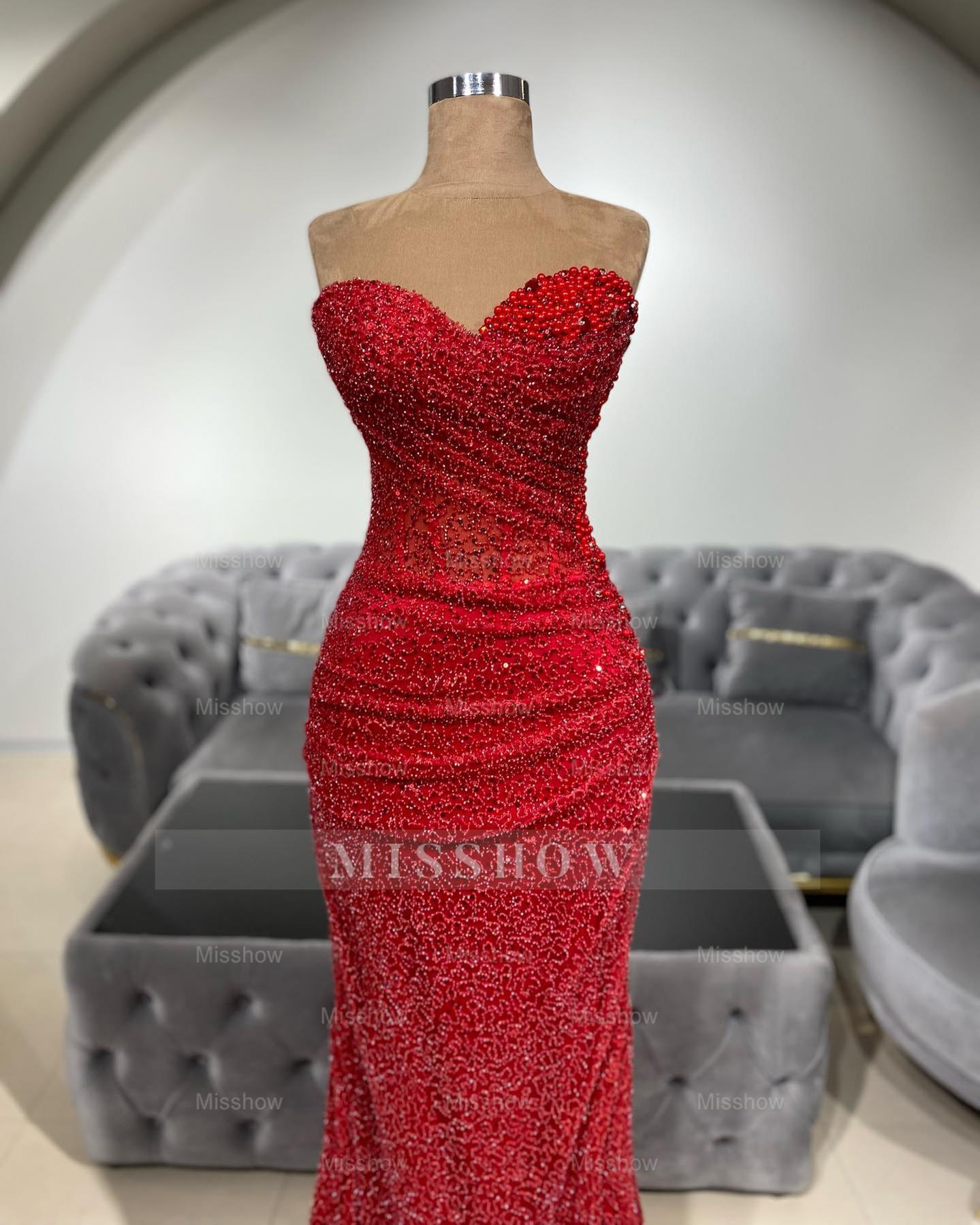 Charming Red Mermaid Sweetheart Sleeveless Sequined Beaded Long Prom Dress With Ruffles