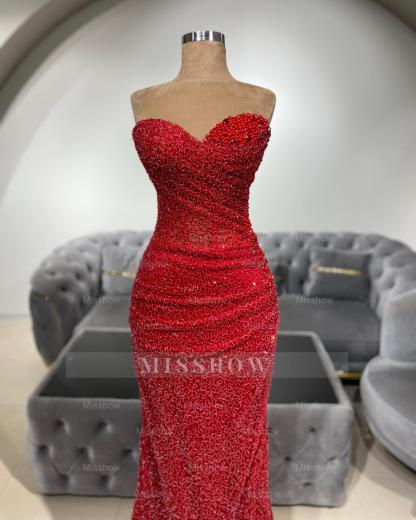 Charming Red Mermaid Sweetheart Sleeveless Sequined Beaded Long Prom Dress With Ruffles