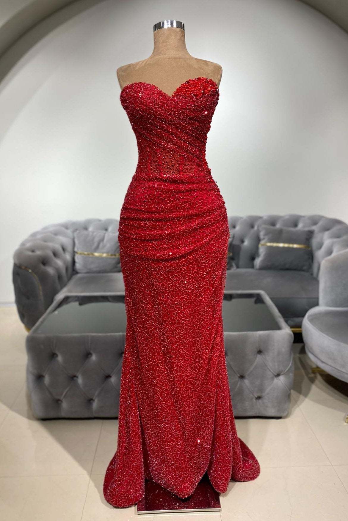 Charming Red Mermaid Sweetheart Sleeveless Sequined Beaded Long Prom Dress With Ruffles