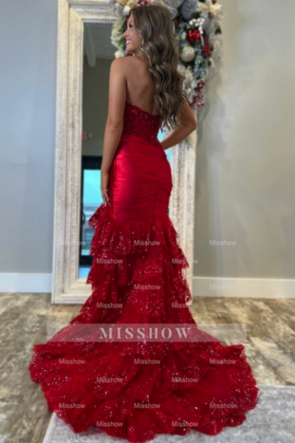 Charming Red Mermaid Sweetheart Strapless Sleeveless Sequined Sweep Train Satin Split Front Prom Dresses With Lace