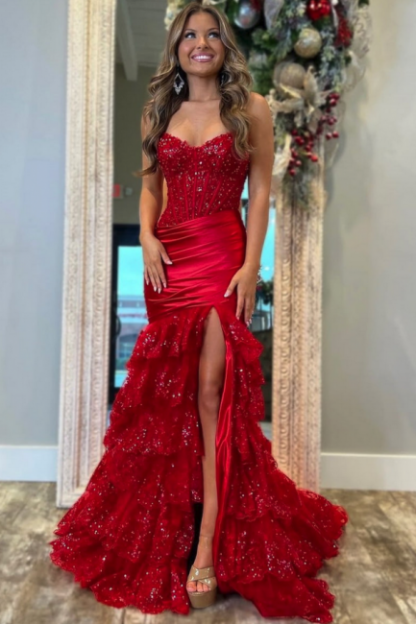 Charming Red Mermaid Sweetheart Strapless Sleeveless Sequined Sweep Train Satin Split Front Prom Dresses With Lace