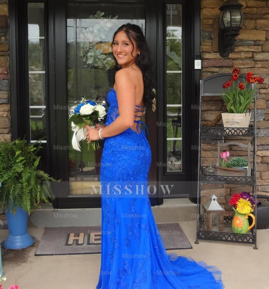 Charming Royal Blue Column Sweetheart Sleeveless Sequined Lace long Prom Dress With Slit