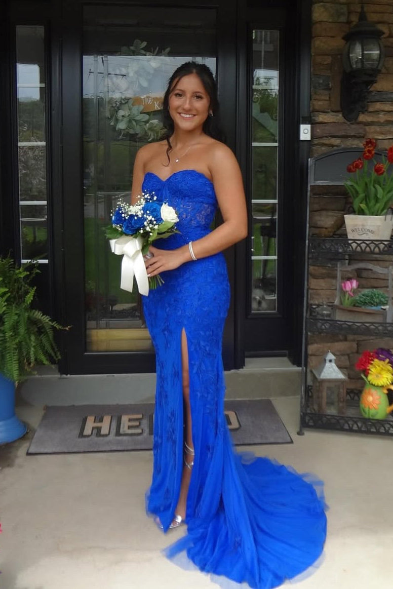 Charming Royal Blue Column Sweetheart Sleeveless Sequined Lace long Prom Dress With Slit
