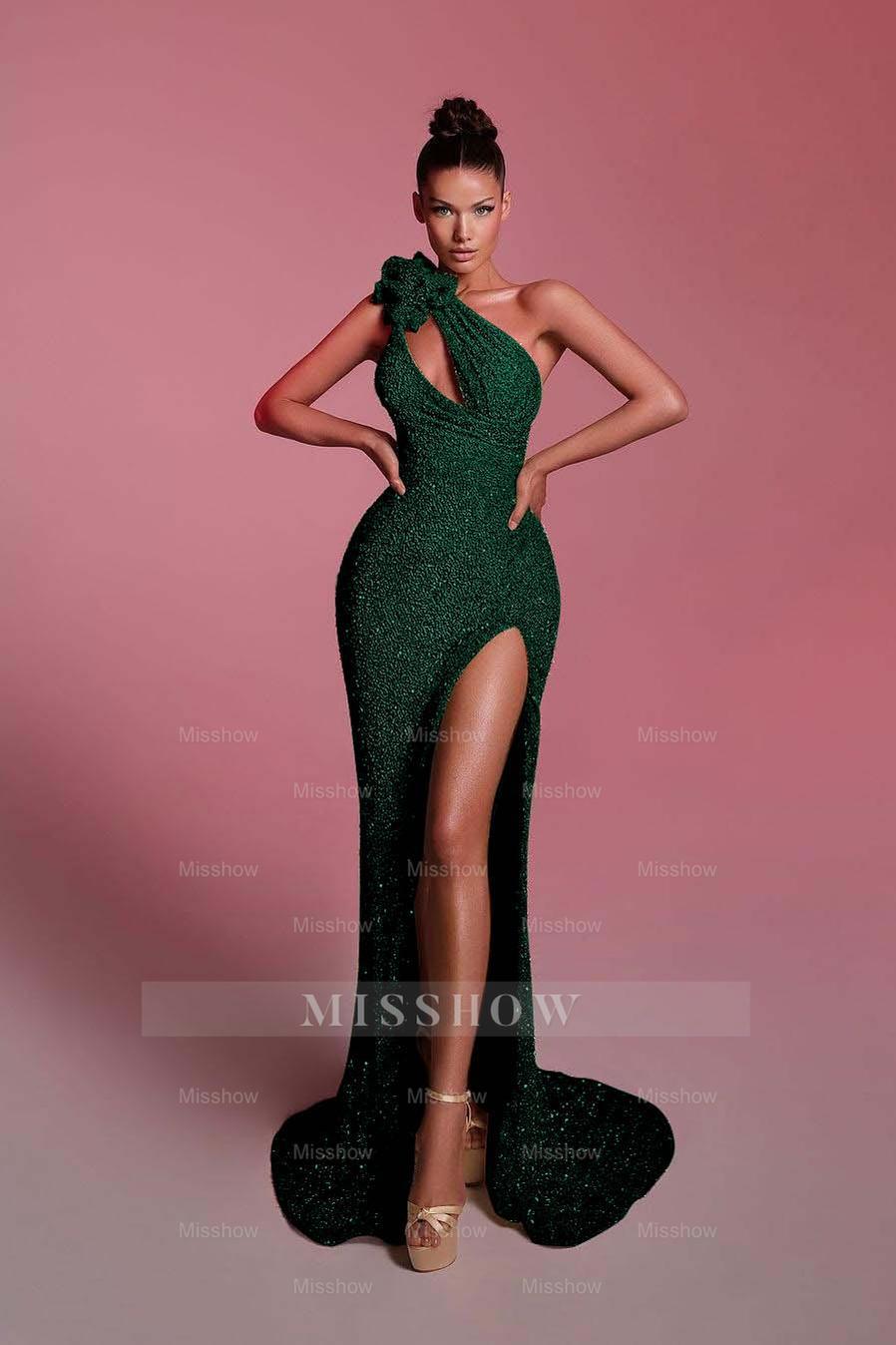 Charming Sequins One Shoulder Sleeveless Long Formal Dress With Front Split