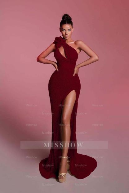 Charming Sequins One Shoulder Sleeveless Long Formal Dress With Front Split