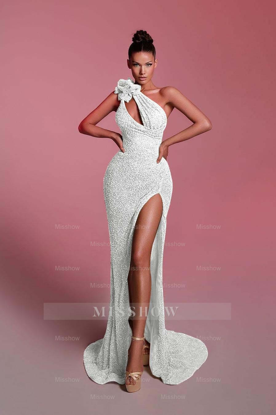 Charming Sequins One Shoulder Sleeveless Long Formal Dress With Front Split