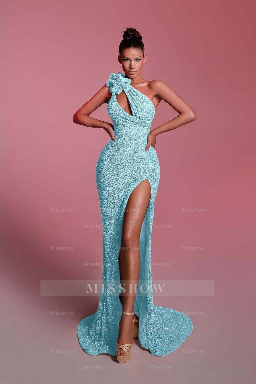 Charming Sequins One Shoulder Sleeveless Long Formal Dress With Front Split