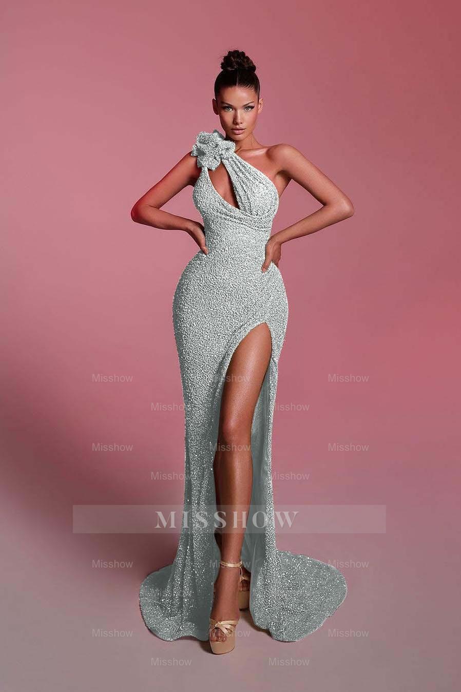 Charming Sequins One Shoulder Sleeveless Long Formal Dress With Front Split