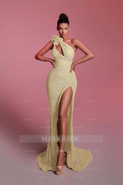 Charming Sequins One Shoulder Sleeveless Long Formal Dress With Front Split